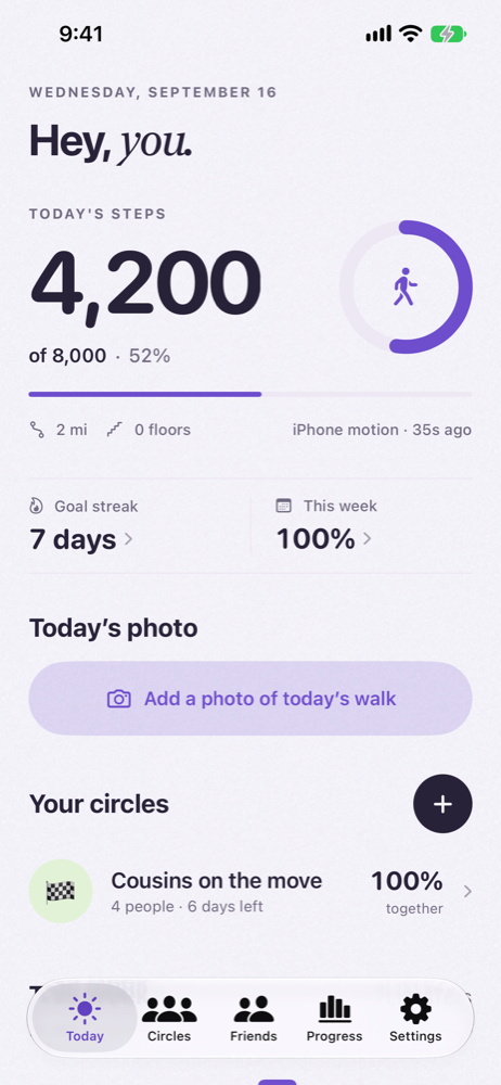 Today: your steps, goal ring, streak and this week